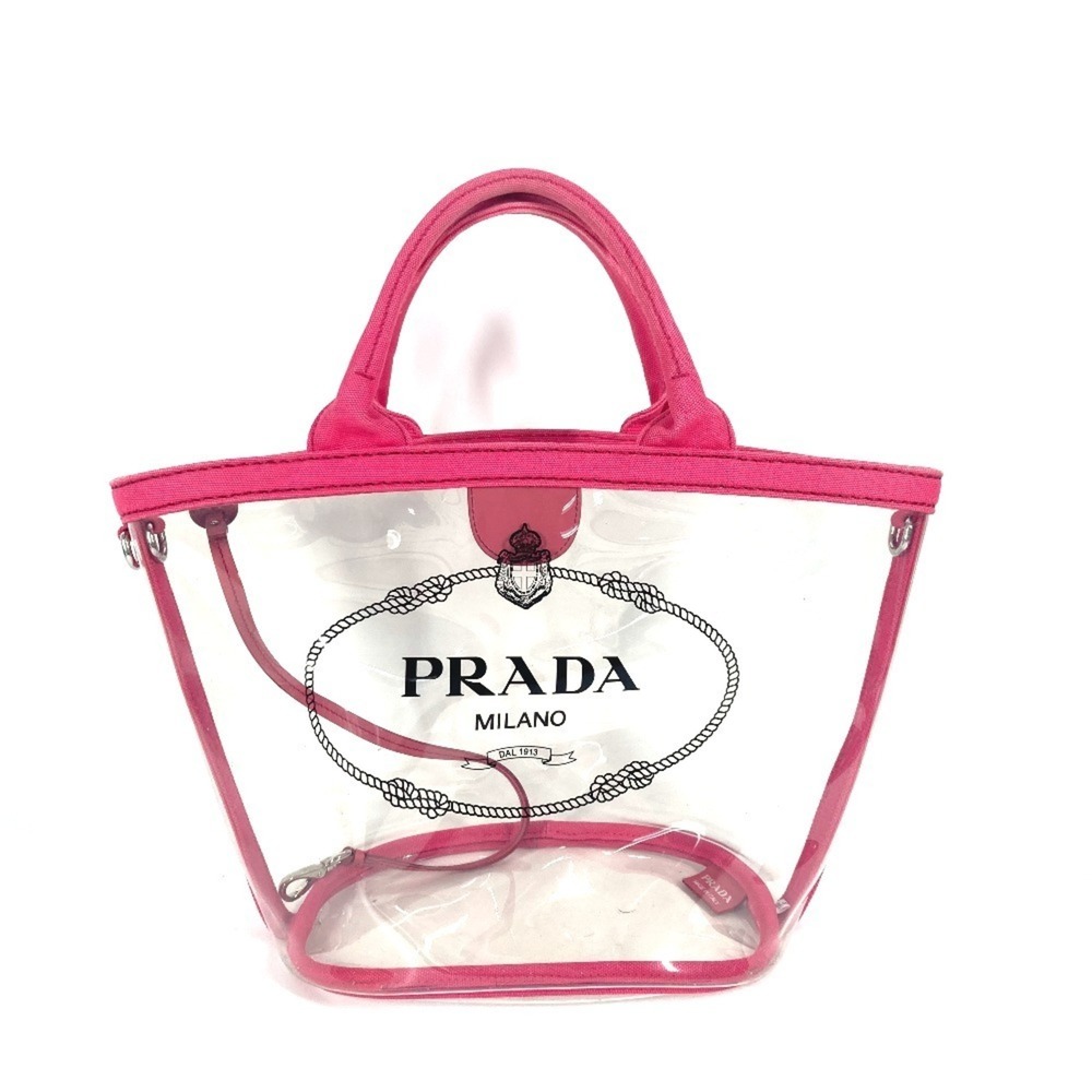 PRADA Prada Beach Bag with Pouch Logo Canapa 2WAY Shoulder Handbag Tote Vinyl...